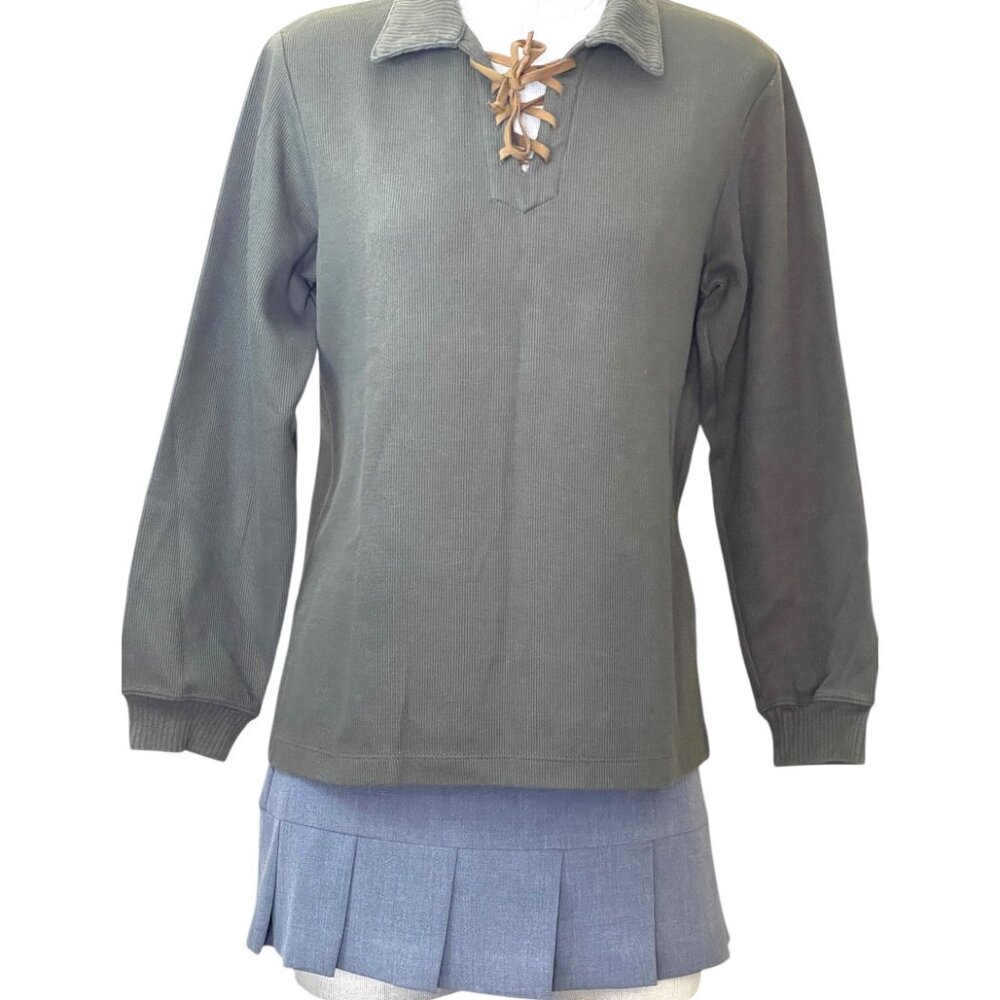 Vintage Bobbie Brooks Olive Green Lace-Up V-Neck Long Sleeve Sweater Top Size S
